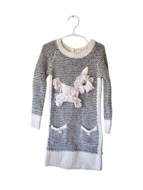 Duex Par Duex Girls Gray & Cream Knit Dog-Appliqué Sweater Dress Size US 5